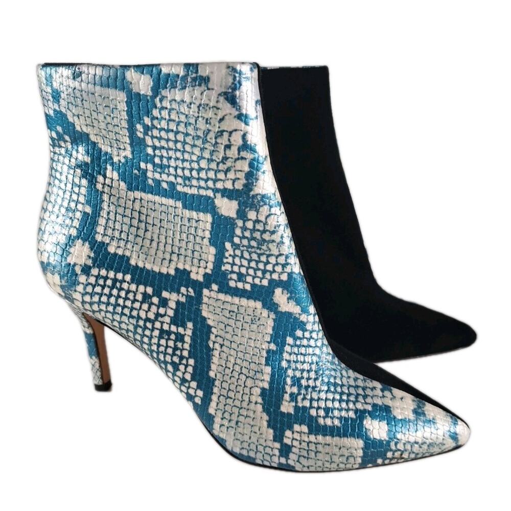 Something Navy Elisa Ankle Boots Womens 7.5 Black Suede Blue Snake High Heel